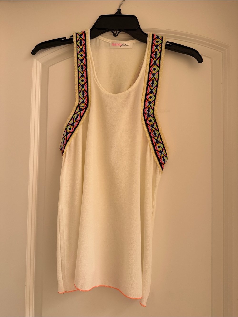 Embroidered-Strap Cream Tank Top